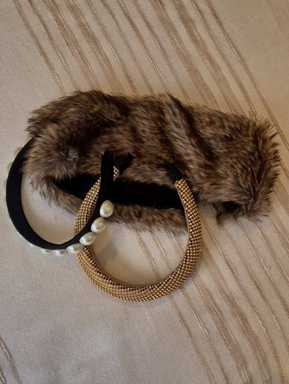Stylish Women's Faux Fur Headband with Black Pearl and Gold Accent Headbands
